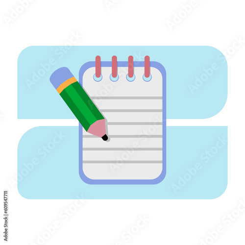 Notebook and pencil flat icon illustration. Pencil writing on a notebook as an education concept