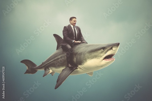 A businessman riding a shark. Generative AI AIG27. photo