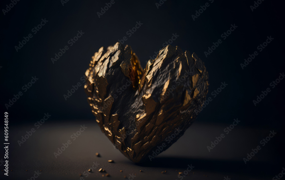 Gold nugget heart. Gold and black heart, AI Generated Gold nugget heart. Gold and black heart, AI Generated