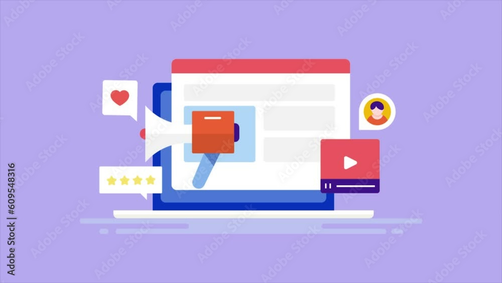 Blog publishes on web, video content posting on social media, advertising audience engagement brand promotion with content marketing from laptop pc, video animation.