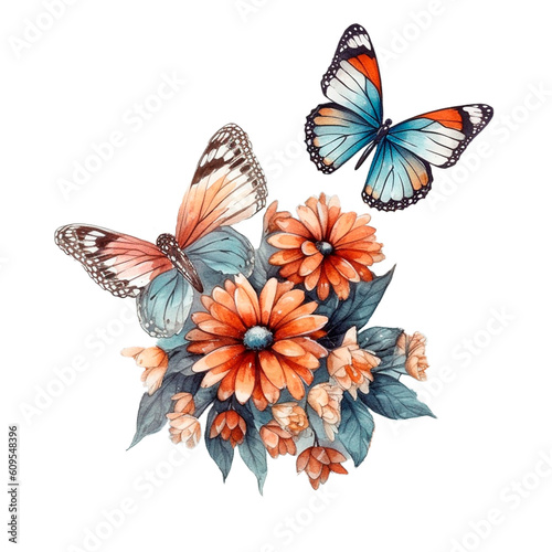 Butterflies with flowers, retro AI generative watercolor isolated illustration