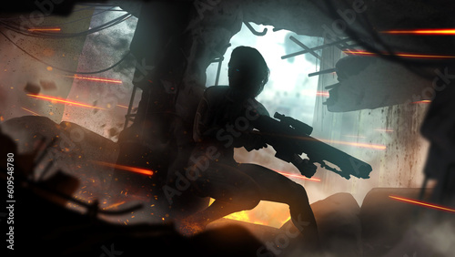 Εκτύπωση καμβά A beautiful mature cyborg woman, a sniper in a high-tech suit with a Sci-Fi rifle in her hands, she sneaks through the ruins in the heat of battle hiding from shots behind a column