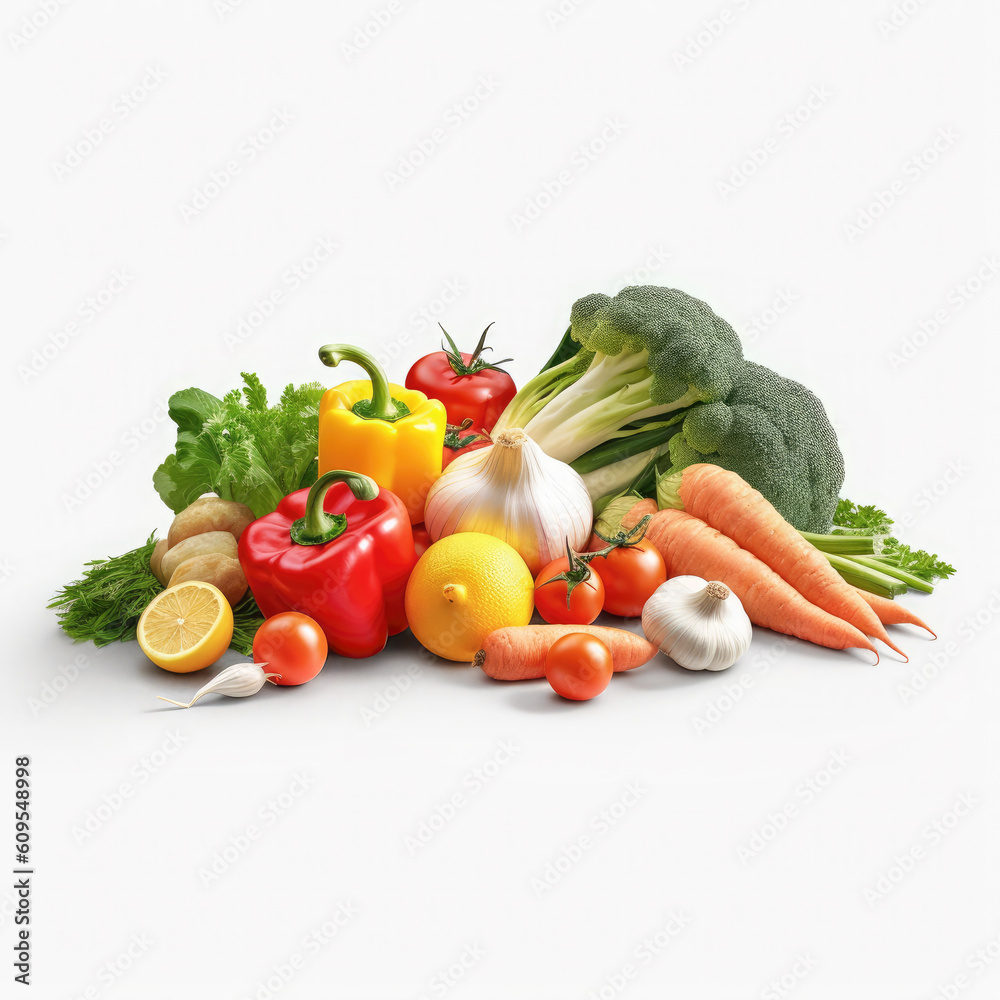 Ripe fresh vegetables on a white background. The concept of harvest, healthy food.Copy space for text.Generative AI.Generative AI Ripe fresh vegetables on a white background. The concept of harvest, healthy food.Copy space for text.Generative AI.Generative AI