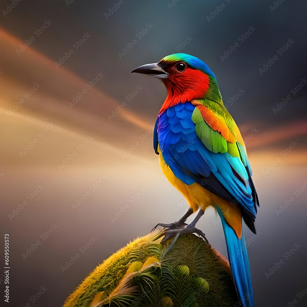 Colorful bird perched on a rock, Generative AI