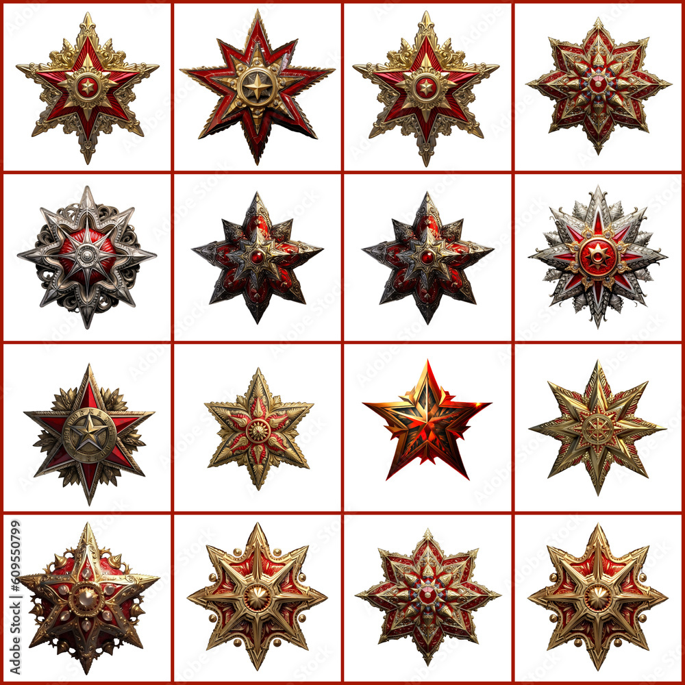 Collection of 3d Soviet USSR Red stars. Ai Generative Collection of 3d Soviet USSR Red stars. Ai Generative