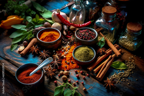 Low key shot of a large variety of fresh and dried Indian cooking herbs and spices on a contrasting old weathered blue wood table. The focus is on the foreground. Created by Generative AI.