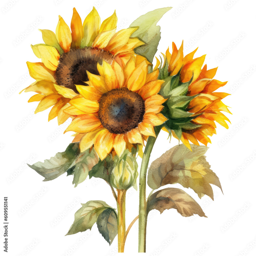 Watercolor Sunflower llustration transparent background, PNG ,Generative AI Watercolor Sunflower llustration transparent background, PNG ,Generative AI
