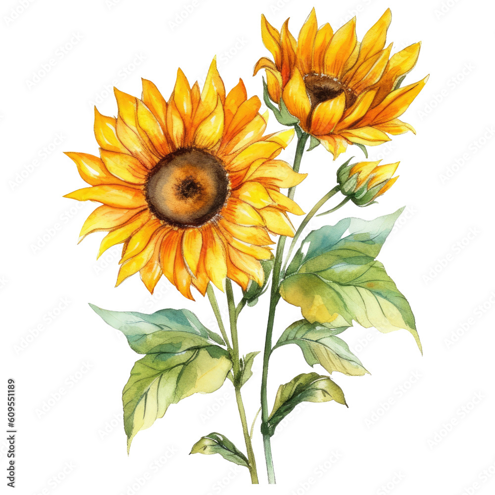 Obraz premium Watercolor Sunflower llustration transparent background, PNG ,Generative AI