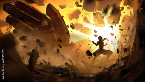 Konstfotografi kung fu fighter girl in an epic fighting pose cuts the air with her palm, her movement is repeated by a huge stone hand of the earth element destroying everything around, behind an epic sunset