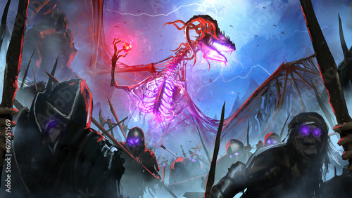 A sinister bone dragon with a red crystal in his hand raises an army of dead knights in the night fog against the background of lightning in the sky, his mystical magic revives fallen warriors. 2d art