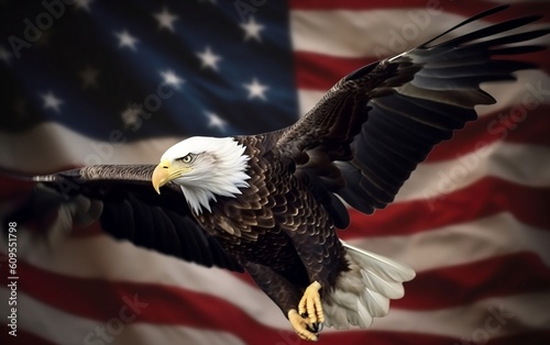 Bald eagle takes flight in front of the American flag createrd with Generative AI technology. American independence day