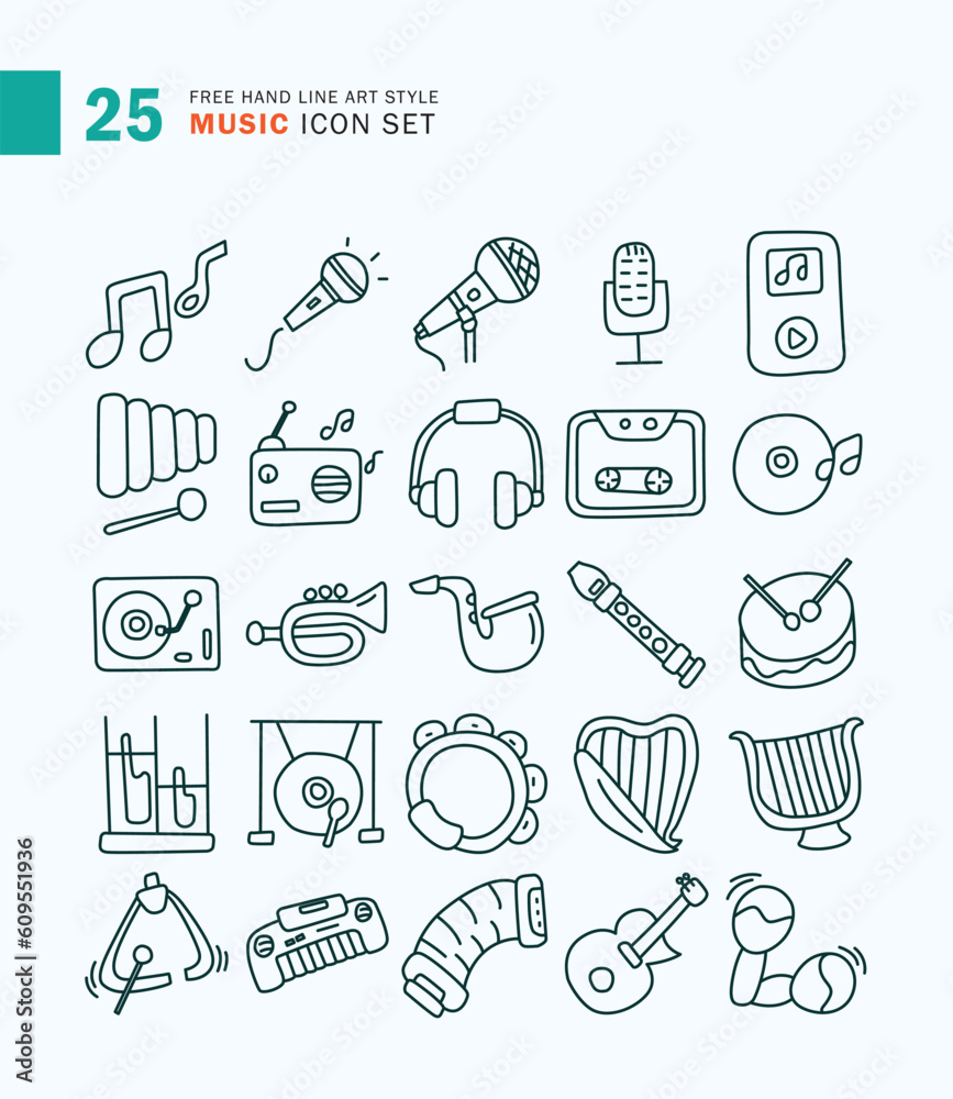 Set of Music Icon Line Art Style. Musical instrument, Microphone, Headphones, Tape.