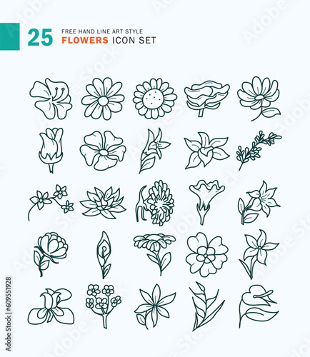Set of Flowers Icon Line Art Style. Roses, Orchids, Petals, Tulips.