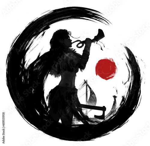 A black silhouette with a beautiful Viking girl who blows a battle horn, she has an axe in her hand, she is dressed in skins, circled in an expressive blot circle with splashes and a red sun. 2d art. photo