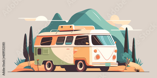 Retro van in nature. Camping van in the mountains. Image of old van