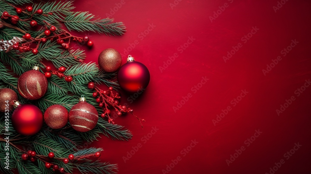 Christmas Decoration With Fir Branches and baubles On a red background, Generative Ai