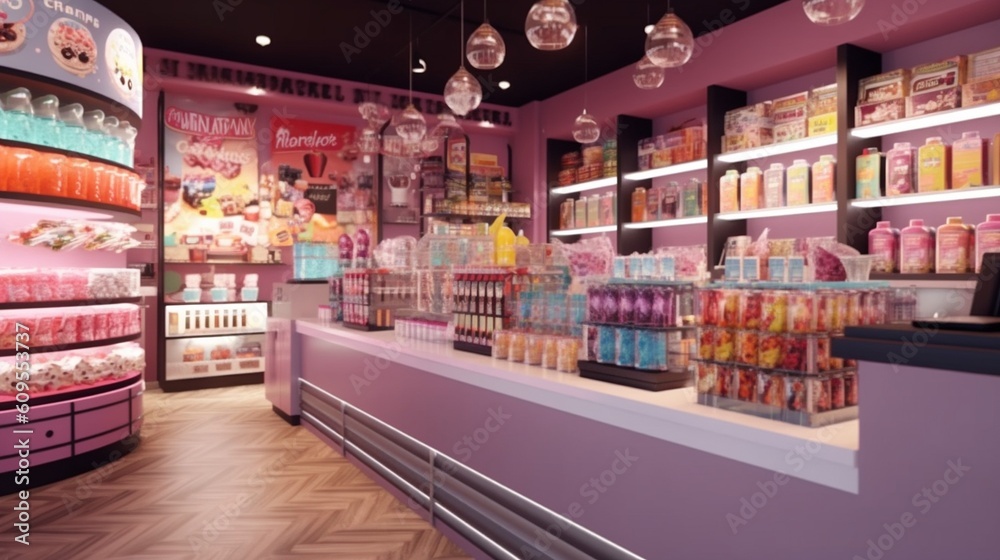 Sweets and Candies  are on display at the shop. AI Generative