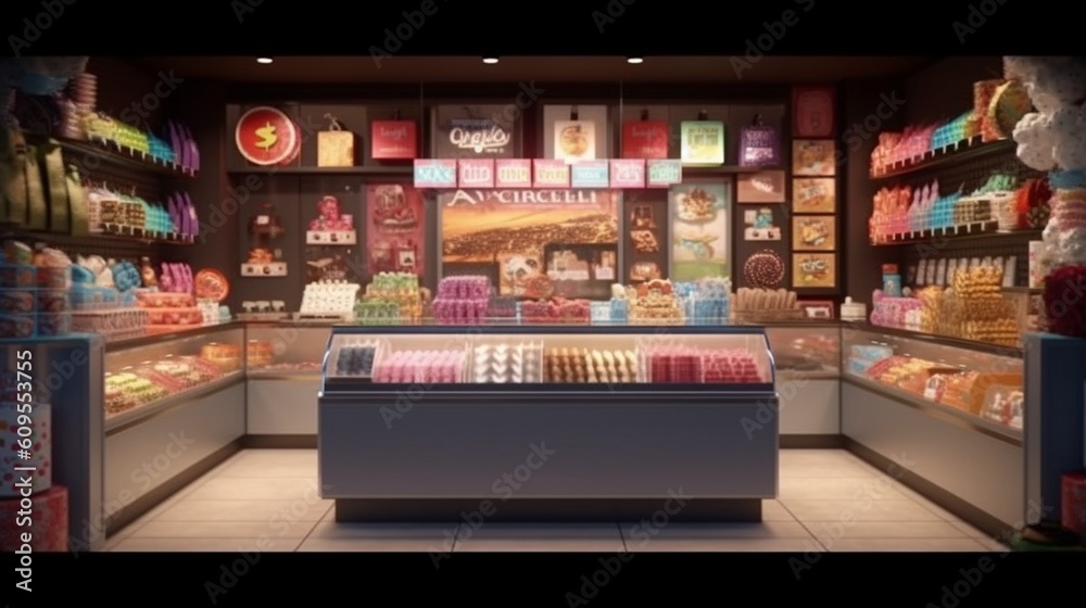 Sweets and Candies  are on display at the shop. AI Generative