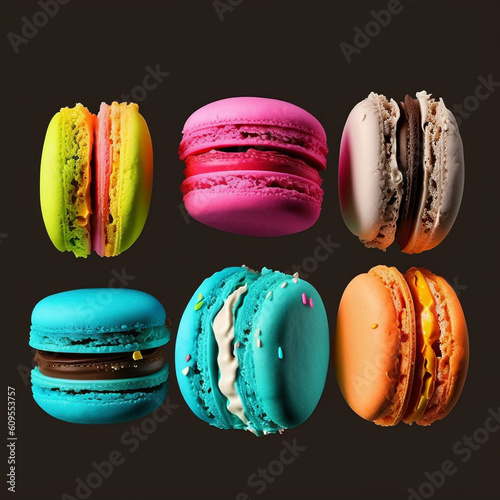 Cakes macaron or macaroon stack on dark background, colorful vibrant almond cookies, bright colors.