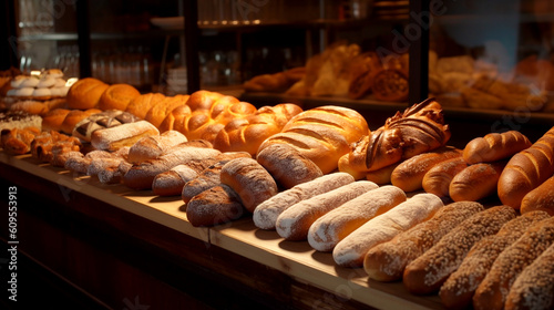 bread display in a bakery with a large selection of fresh fragrant bread, AI generated