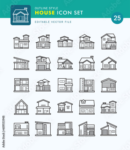 Set of House Icon Outline Style. Wooden, Minimalist, Multi-storey, Concrete Houses.