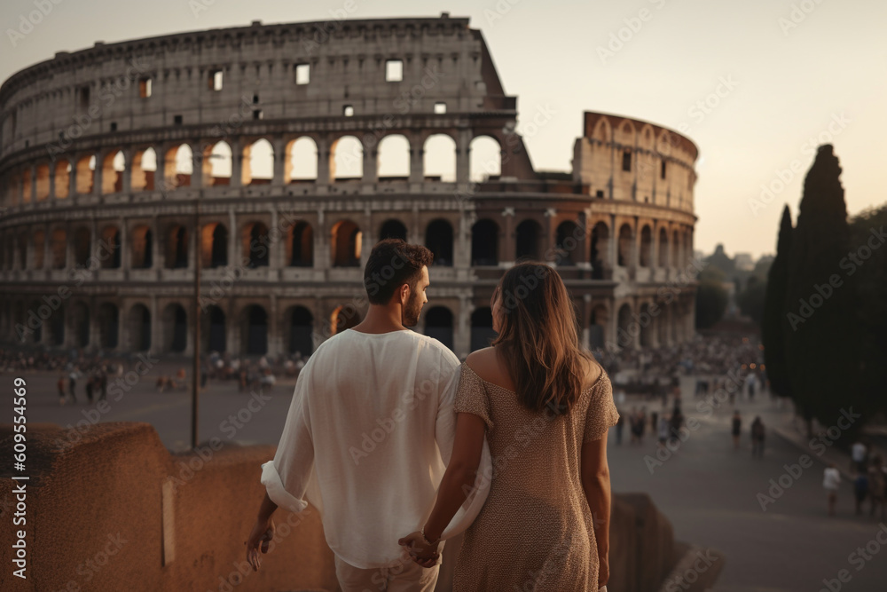 Travel, vacation, romance concept. Young couple traveling and walking in Rome, Italy. Colosseum in background. Man and woman view from behind. Sunset summer background. Generative AI