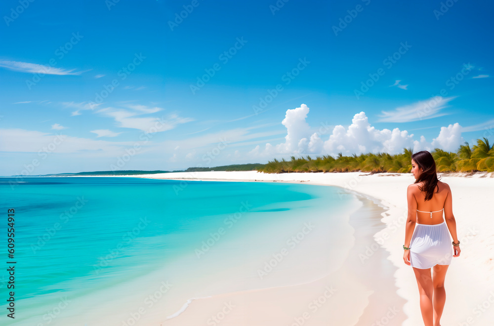 Woman on the beach, sunny day, vacation photo. Generative AI