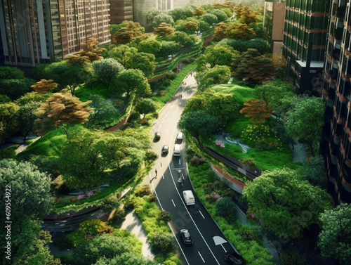Illustration of the scenery of a city decorated with a beautiful landscape. Large trees provide shade to roads and footpaths. Public parks were established.  © Aisyaqilumar