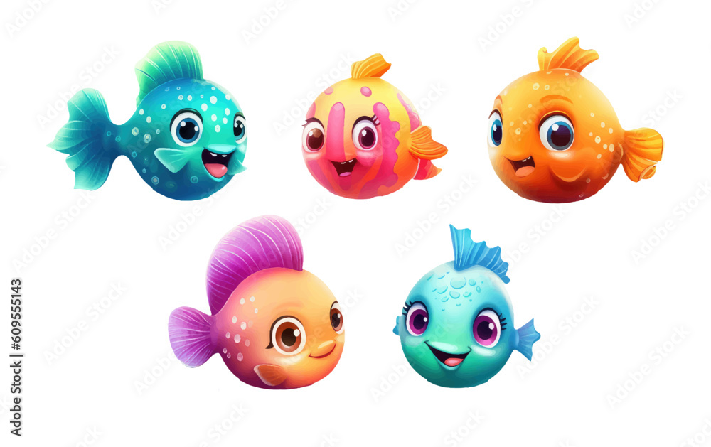 set vector illustration of bright color fish with cute eyes isolated on white background