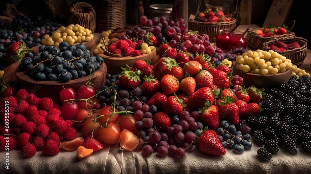 Garden, forest fruit in linen paper bags. Set of fresh blackberries, blueberries, strawberries in a dark arrangement. Organic harvest of small and sweet fruits. Food style photo. Generative AI.