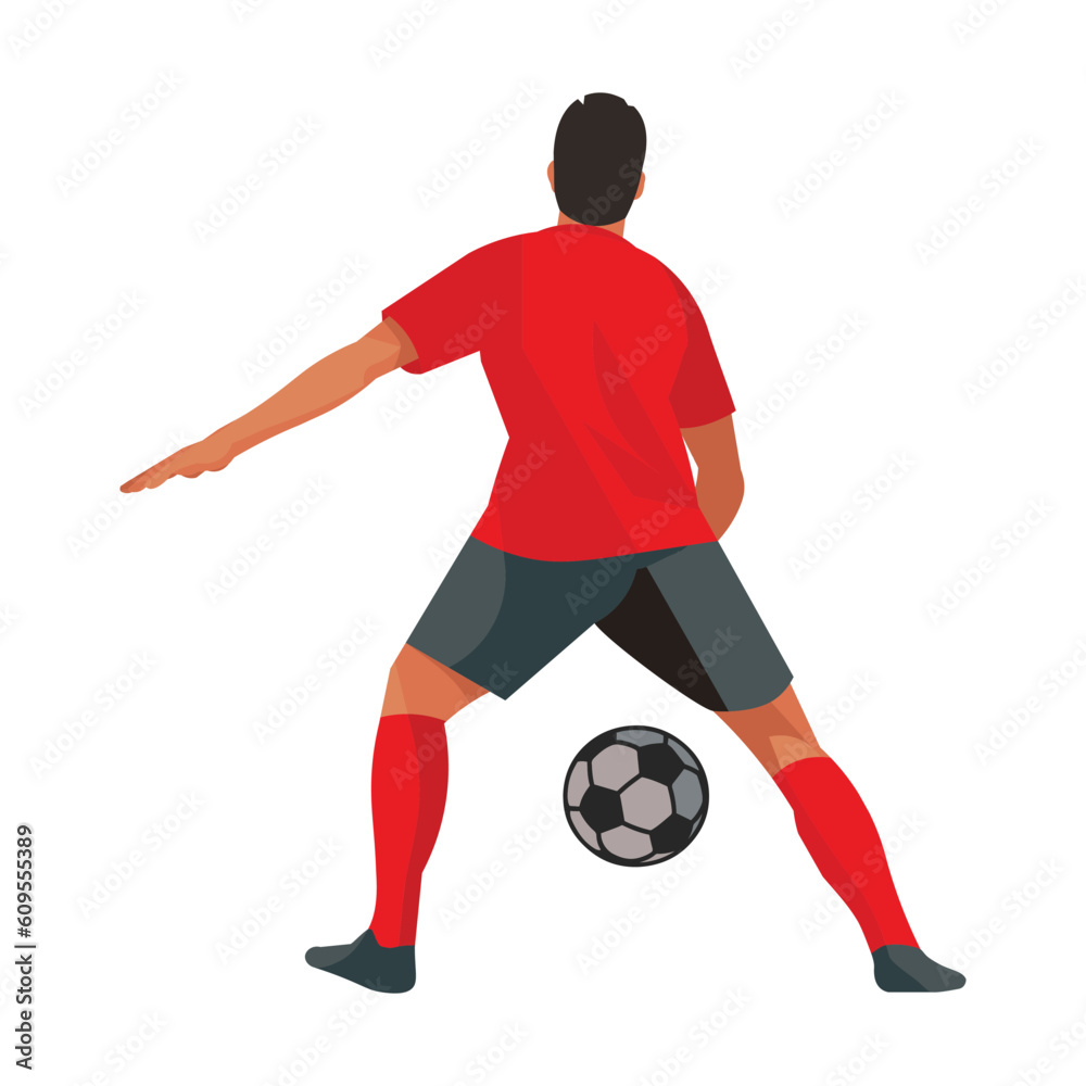 Mongolian football athlete in a red T-shirt stands with his back and catches the ball