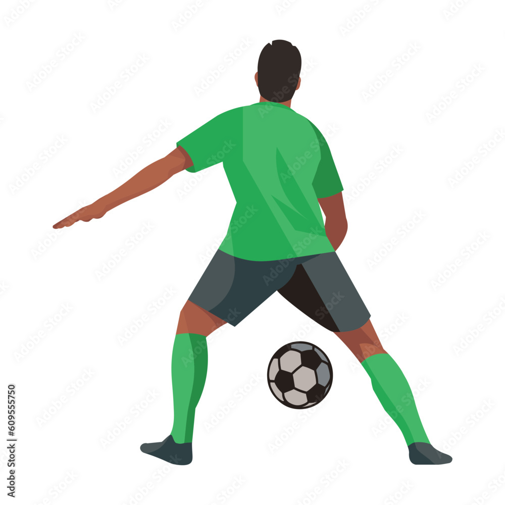 African football athlete in a green T-shirt stands with his back and catches the ball