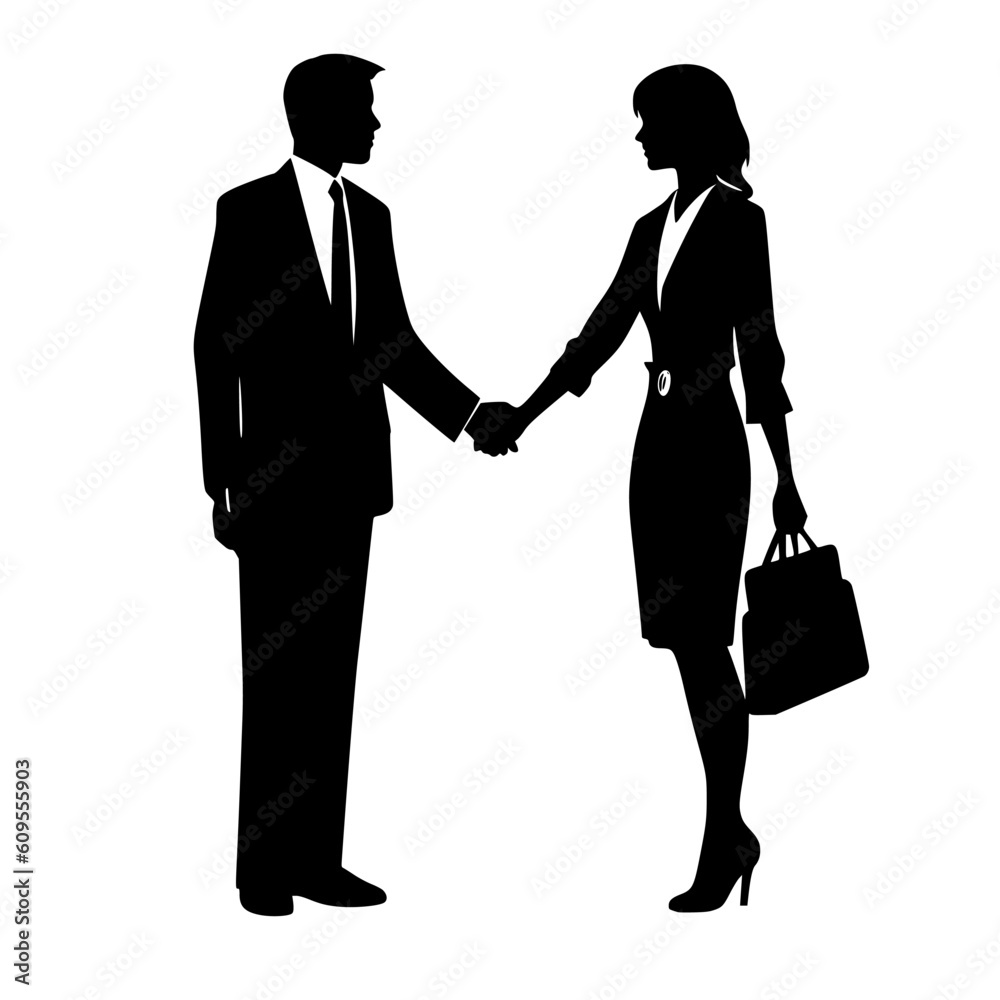 Silhouette of business women holding bags and business men shaking hands black color isolated on white vector illustration
Silhouette of business women holding bags and business men shaking hands black color isolated on white vector illustration