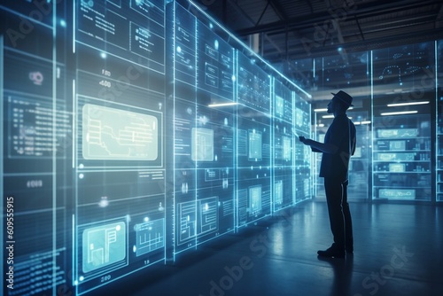 Modern warehouse of the future  a man stands in front of the shelves and chooses a product  digital preview of the content  futuristic background  generative ai