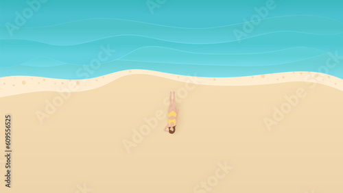 Summer time background. Young woman lying down sunbathe beach with waves. Vector illustration