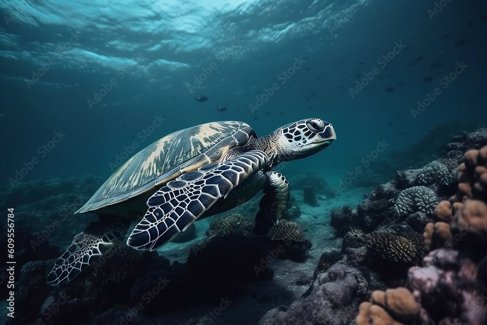 Shot of a turtle swimming underwater on a coral reef. Generative ai.
