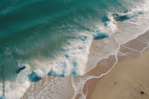 Top view of the ocean shore and beach. Sea waves crashing on the shore. Generative ai.