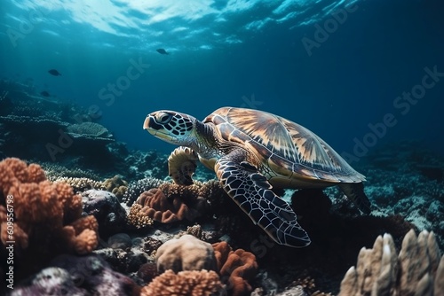 Shot of a turtle swimming underwater on a coral reef. Generative ai.