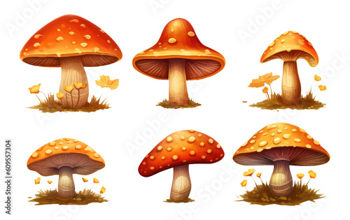 set vector illustration of forest red amanita isolated on white baclground cones acorns
