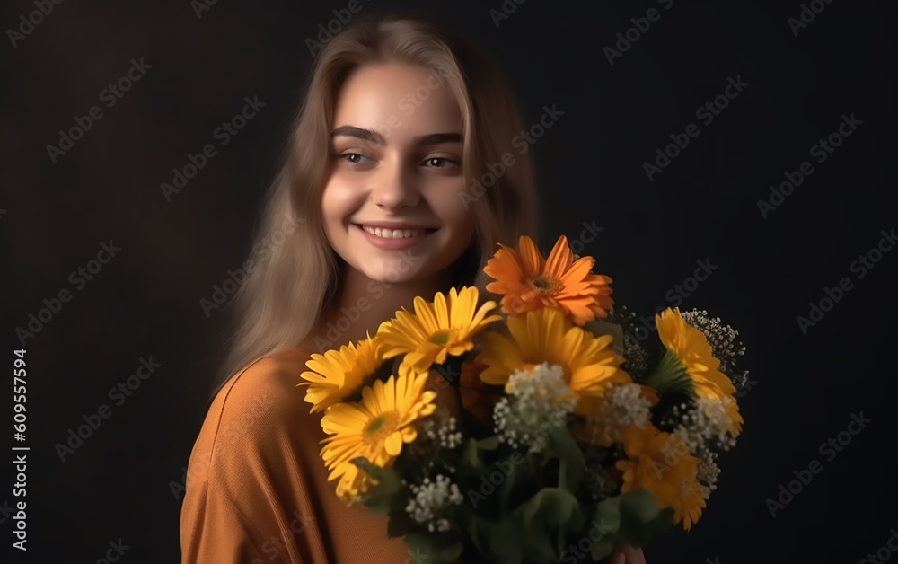 Portrait of a young woman with a bouquet of yellow flowers on black background. Generative AI technology. Portrait of a young woman with a bouquet of yellow flowers on black background. Generative AI technology.