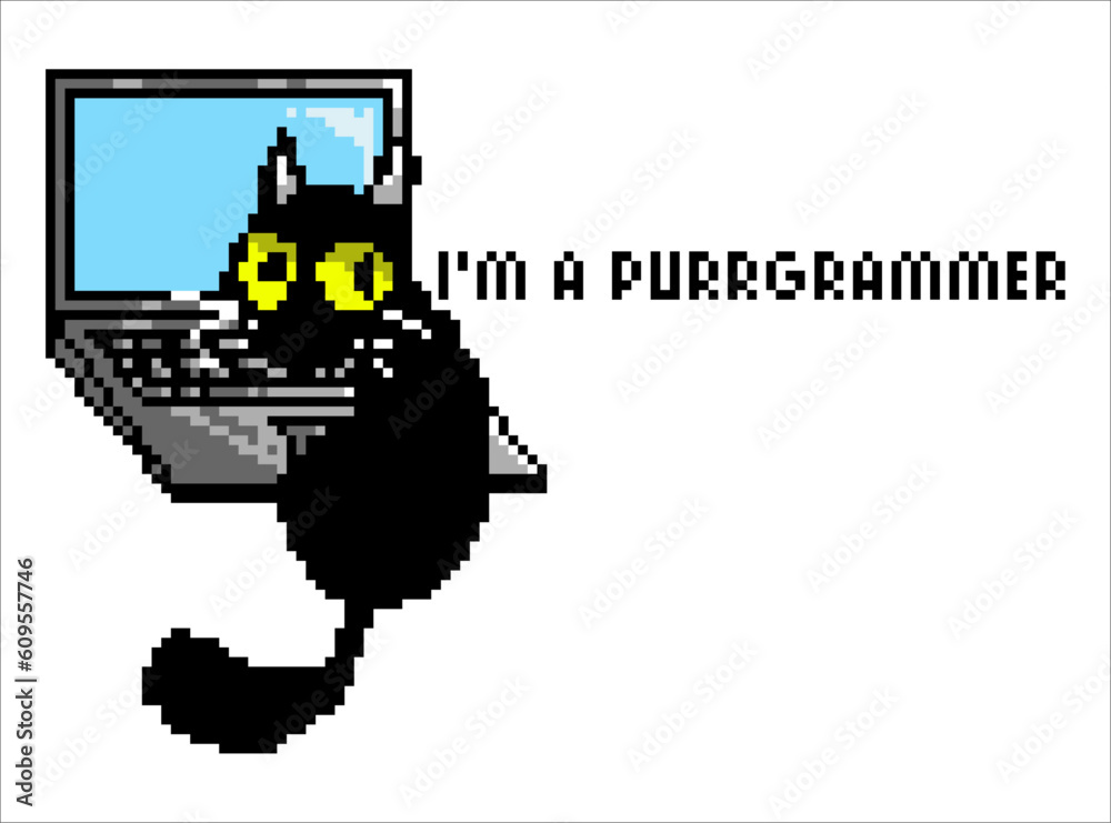 Pixel art illustration of laptop and cat. I'm purrgrammer. A programmer funny quote.