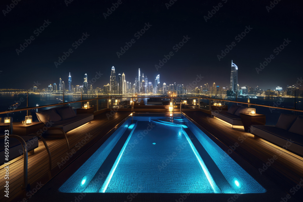 Fototapeta premium Ein schöner Pool auf einer Dachterrasse in einer Stadt wie Dubai