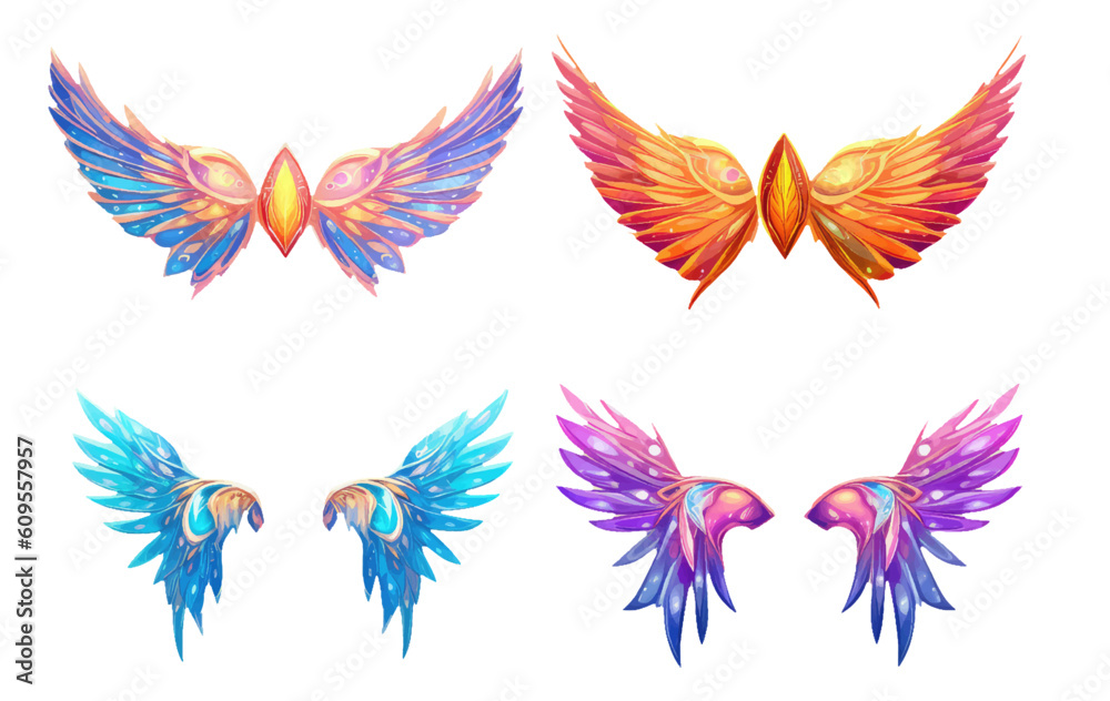 set vector illustration of magic colorful wings isolated on white background