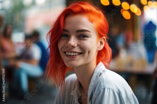 Wallpaper Mural Young beautiful stylish red white hair woman relaxing in outdoor cafe. Generative ai Torontodigital.ca