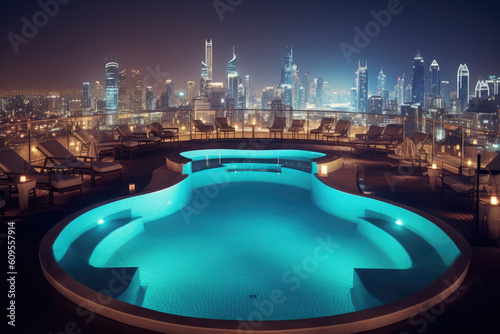 Ein schöner Pool auf einer Dachterrasse in einer Stadt wie Dubai