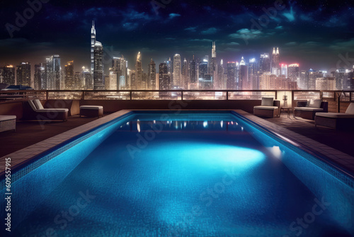 Ein sch  ner Pool auf einer Dachterrasse in einer Stadt wie Dubai