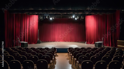 An empty stand-up comedy theater with deep red curtains as the backdrop, the silent anticipation of laughter. Generative AI