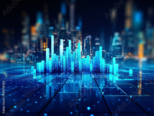 Futuristic finance cityscape concept, Financial data visualization 3D blue city model, Big data background wallpaper, Generative AI