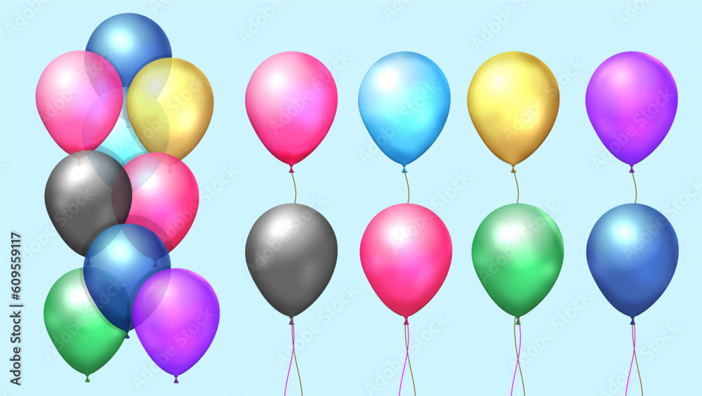 Balloon set isolated on blue background. Vector realistic festive 3d helium balloons template for anniversary, birthday party  background design.