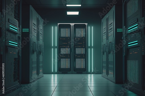 Server racks in computer network security server room data center. Big servers provides web hosting. Generative AI